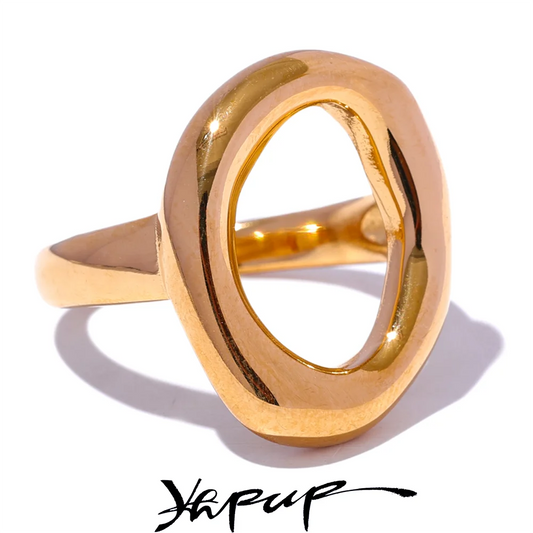 Yhpup Creative Stainless Steel Geometric Hollow Golden Minimalist Ring Fashion Waterproof Unusual Trendy Textured Jewelry