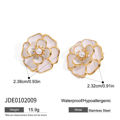 Uworld Fashion Trend 18K Gold Color Plated Stainless Steel Pink Drip Oil Flower Earrings Geometric Ear Studs Women's Accessories