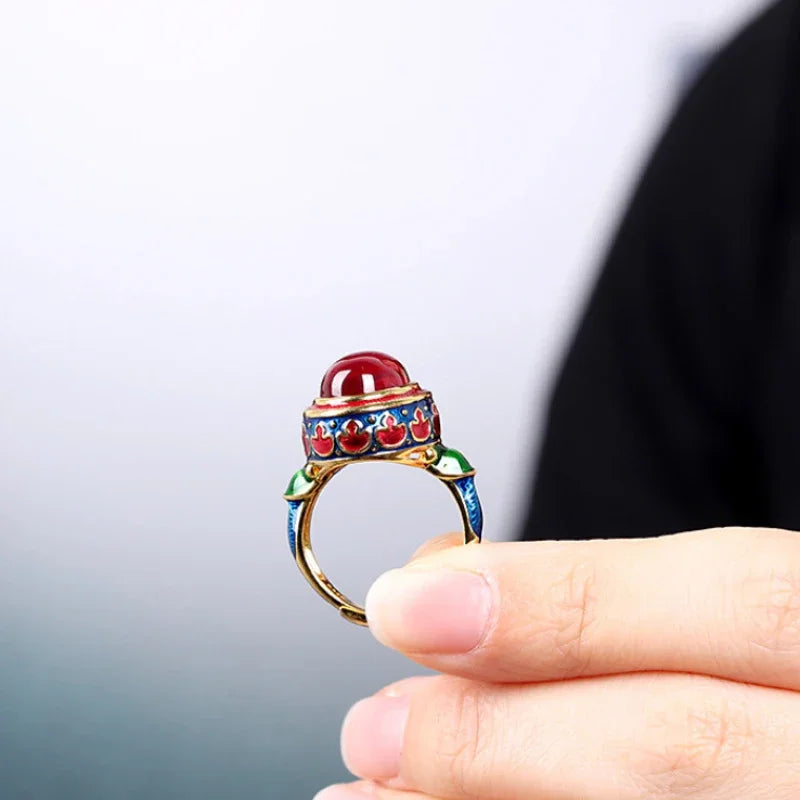 Original ancient gold craftsmanship natural carnelian rings for women flower enamel national style light luxury Wedding jewelry