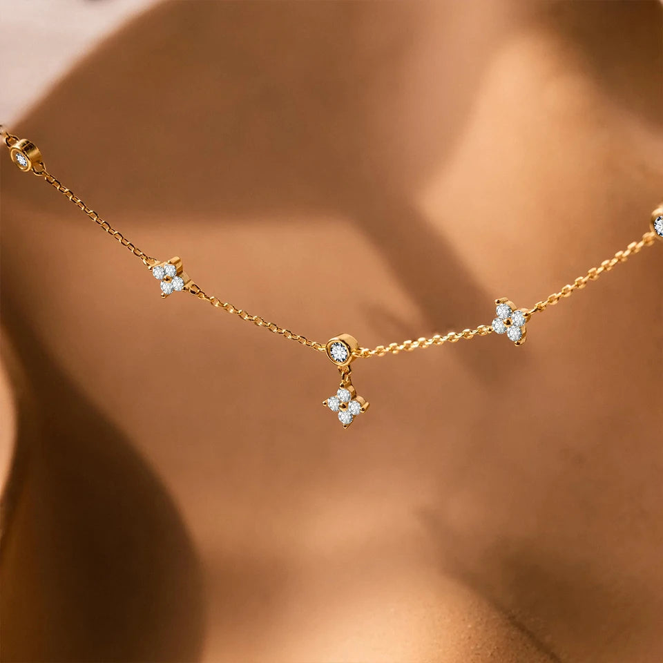 eMancoStainless Steel  Plated 14K Gold Sparkling Zircon Flower Necklace for Women Girl Exquisite Party Jewelry Gifts