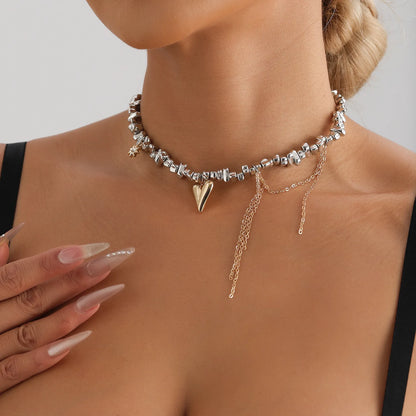 LATS Heart Beaded Necklace Women Boho Crystal Class Gravel Clavicle Chain Cool Y2K Choker Exquisite Fashion Jewelry