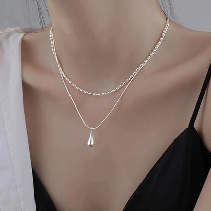 LATS Silver Color Simple Design Long Drop Pendant Necklace for Women Double-layered Clavicle Chain Fashion Jewelry Gifts