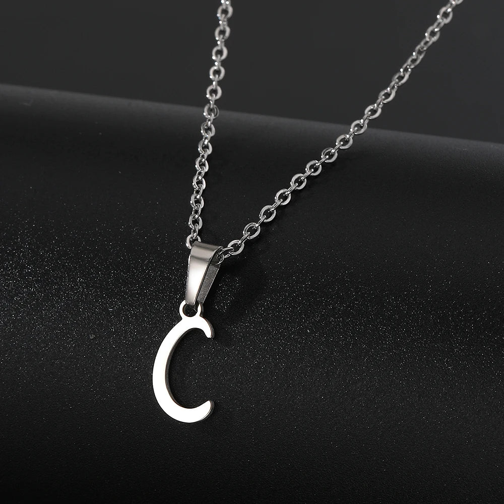 Stainless Steel English Alphabet 26 A-Z Letter Necklace Pendant Women Men Capital Initial Name Necklace Birthday Gift