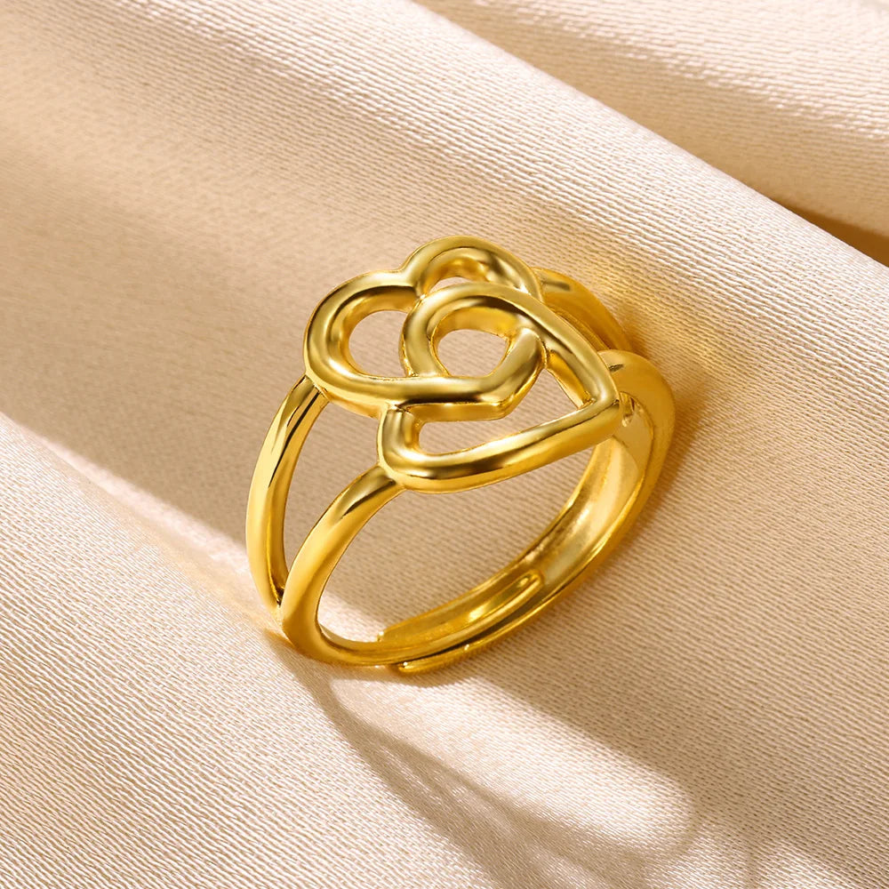 Stainless Steel Rings for Women Gold Color Couple Jewelry Aesthetic Accessorie Adjustable Punk Embossed Hollow Ring