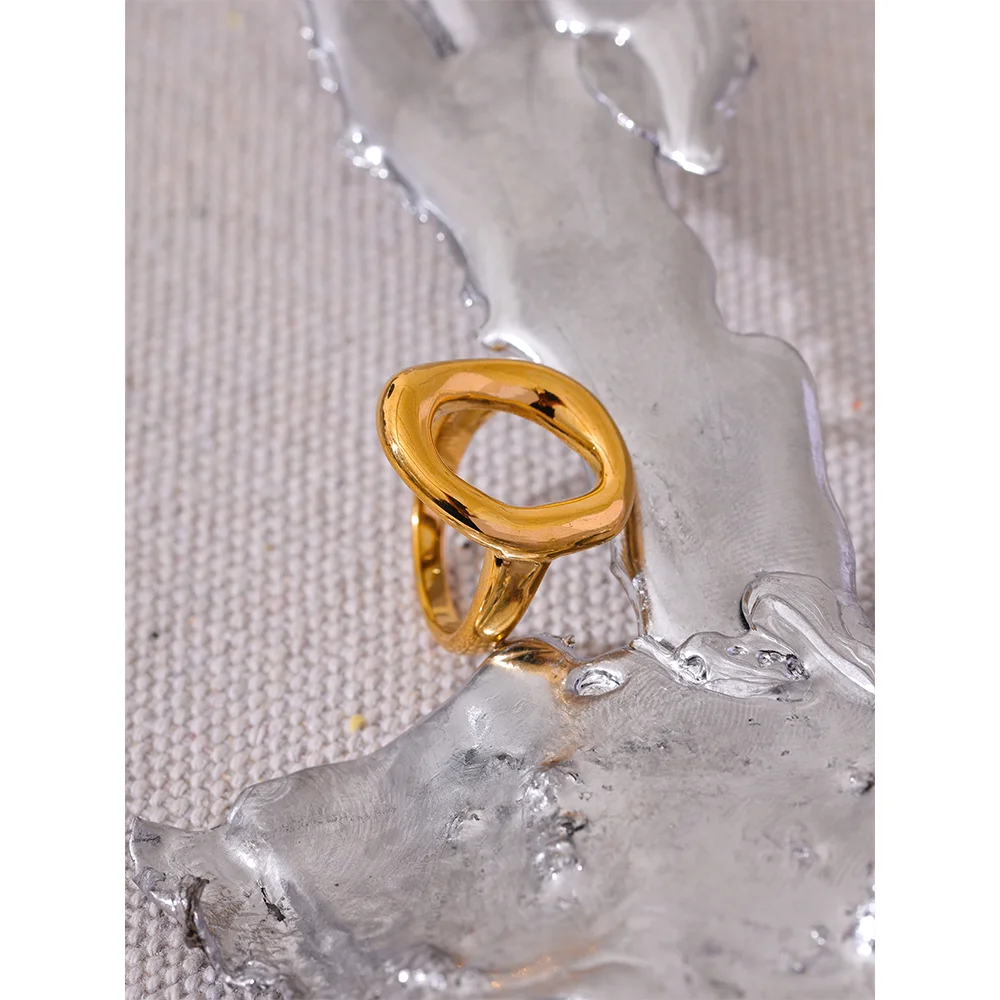 Yhpup Creative Stainless Steel Geometric Hollow Golden Minimalist Ring Fashion Waterproof Unusual Trendy Textured Jewelry