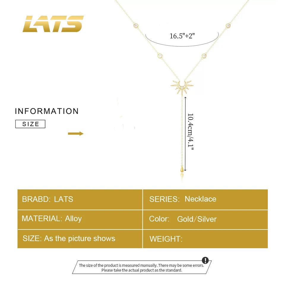 LATS Fashion Gold Color Y-Shaped Pendant Necklaces for Women Girls Luxury Cubic Zirconia Long Tassel Dangle Choker Jewelry Gift