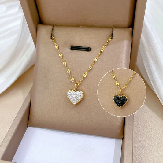 DIEYURO 316L Stainless Steel Minimalist Black White Crystal Reversible Heart Necklace New Fashion Clavicle Chain Jewelry Gif