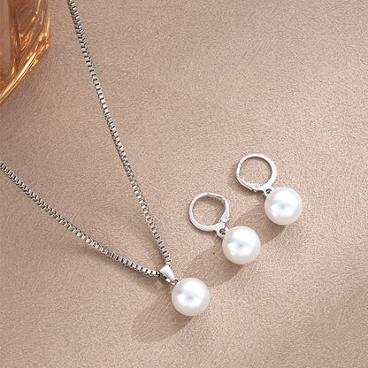 LATS 3 Pcs/Set Round Pearl Pendant Necklace For Women Exquisite Fashion Rhinestone Double  Earring Wedding Jewelry Set Gift