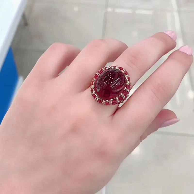 585 Purple Gold Plated 14K Rose Gold Inlaid Oval Ruby Rings for Women Adjustable Luxury Exaggerated Punk Wedding Jewelry