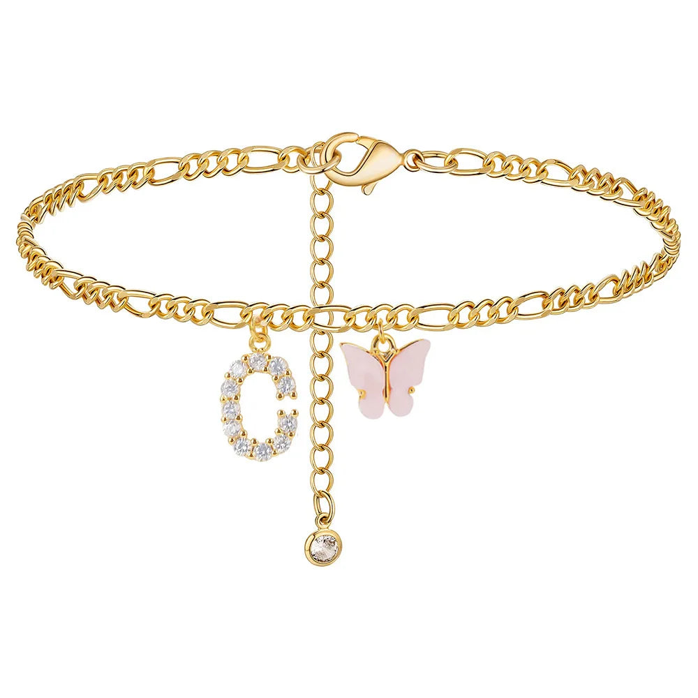 Butterfly Cuban Link Anklet A-Z Letter Initial Anklets Bracelet for Women Stainless Steel Beach Leg Foot Chains Wholesale 2024
