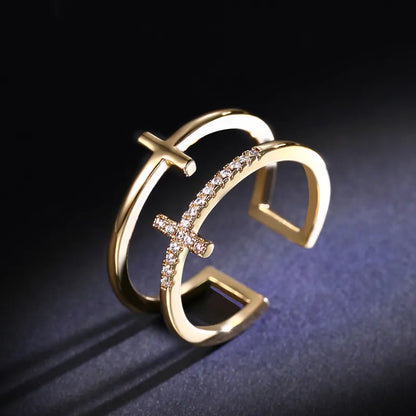 Trendy Gold Color Double Layer Cross Rings For Women Shiny Zircon Geometric Open Adjustable Finger Ring Party Wedding Jewelry