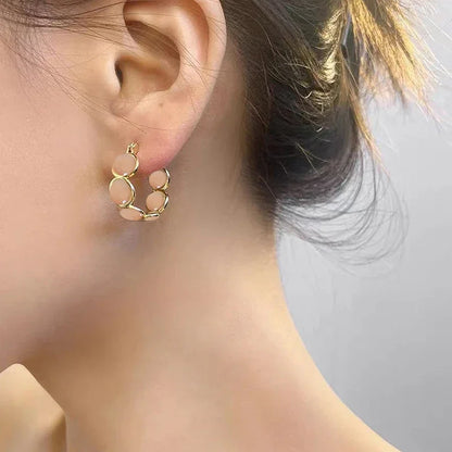 Sweet Girls' Pink Round Opals Hoop Earrings 2025 New Design Jewelry Luxury Accessories Suitable for Women's Daily Wear Earrings
