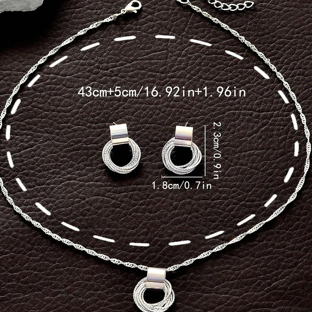 2 PCS Set Multiple Small Circle Pendant Earring Set Gold Plating Link Chain Wedding Party Jewelry Set Silver Color Stud Earring