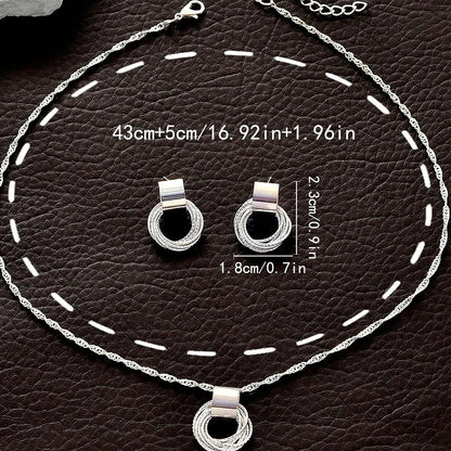 2 PCS Set Multiple Small Circle Pendant Earring Set Gold Plating Link Chain Wedding Party Jewelry Set Silver Color Stud Earring
