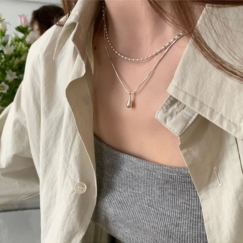 LATS Silver Color Simple Design Long Drop Pendant Necklace for Women Double-layered Clavicle Chain Fashion Jewelry Gifts