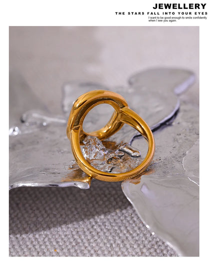 Yhpup Creative Stainless Steel Geometric Hollow Golden Minimalist Ring Fashion Waterproof Unusual Trendy Textured Jewelry