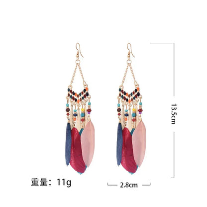 Bohemian Ethnic Feather Dangle Earrings For Women Trendy Long Tassel Colorful Beads Drop Earrings Girl Female Boho Jewelry