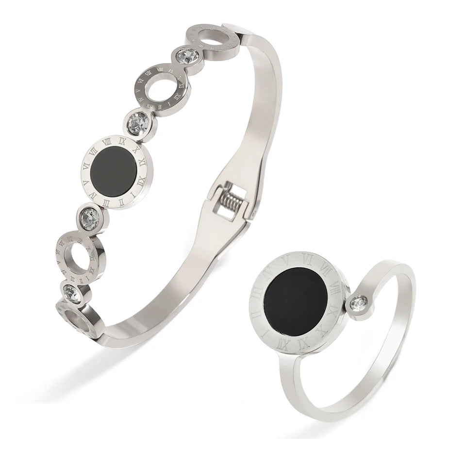 ZAKOL 2 Pcs Fashion Bracelet Rings For Women Black Acrylic Roman Numeral Stainless Steel Couple Bracelet Jewelry Set Gift