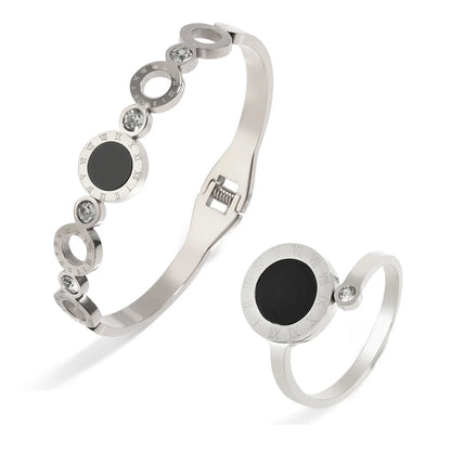 ZAKOL 2 Pcs Fashion Bracelet Rings For Women Black Acrylic Roman Numeral Stainless Steel Couple Bracelet Jewelry Set Gift