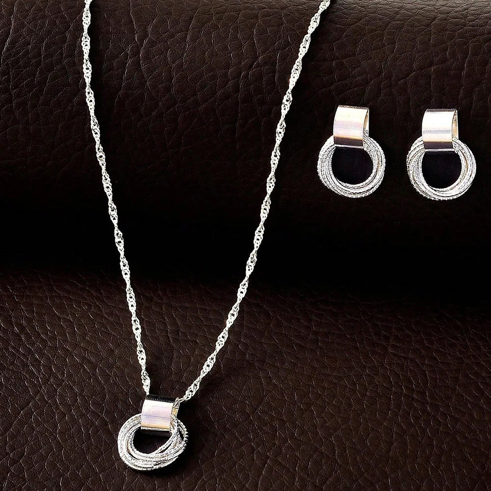 2 PCS Set Multiple Small Circle Pendant Earring Set Gold Plating Link Chain Wedding Party Jewelry Set Silver Color Stud Earring