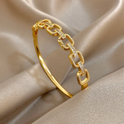 Flashbuy Gold Color Chic Inlaid Zircon Copper Bangle Bracelet For Women Statement New Design Temperament Wrist Fashion Jewelry