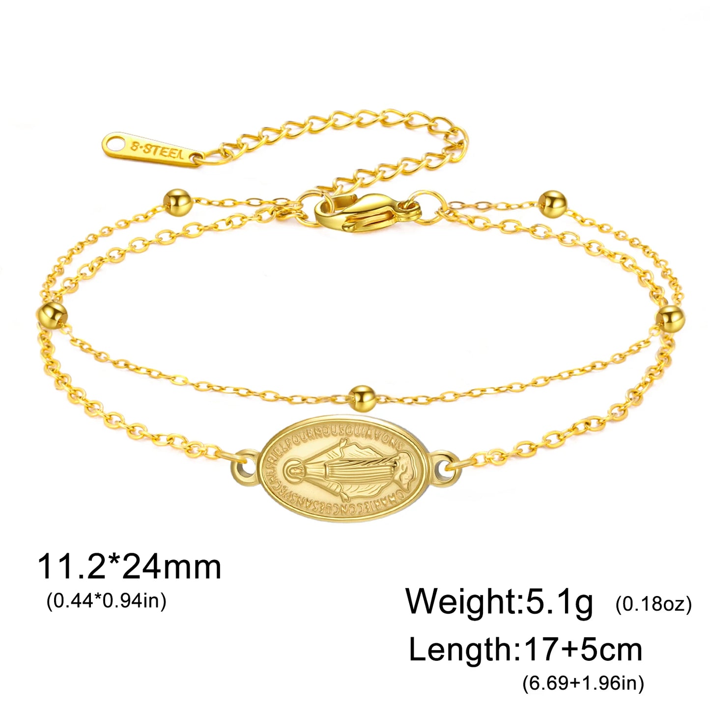 Stainless Steel Beaded Cross Virgin Mary Pendant Bracelet Fashion Jewelry Bracelet Gift for Woman
