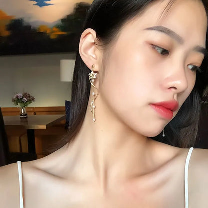 Elegant Cherry Blossom Princess Earrings for Women Personalized Asymmetrical Long Tassel Star Pearl Ear Stud Party Jewelry Gifts