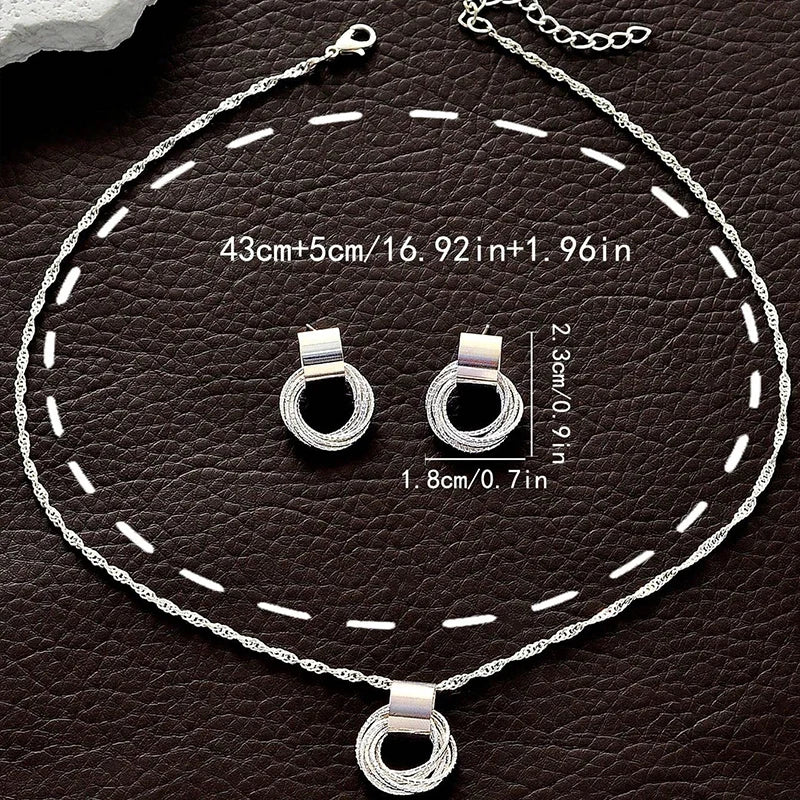 2 PCS Set Multiple Small Circle Pendant Earring Set Gold Plating Link Chain Wedding Party Jewelry Set Silver Color Stud Earring