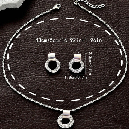 2 PCS Set Multiple Small Circle Pendant Earring Set Gold Plating Link Chain Wedding Party Jewelry Set Silver Color Stud Earring