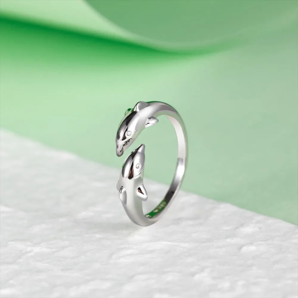 Trumium 100% 925 Silver Ring Trendy Double Dolphin rings for Women Girl Finger Fine Jewelry Women Open No Fade Whosales