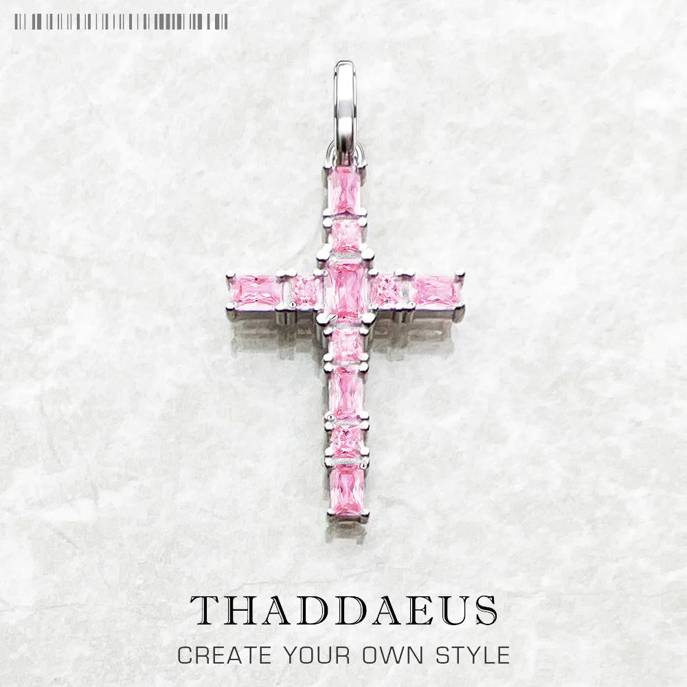 Pendant Cross with Pink Stones Brand New Jewelry 925 Sterling Silver Europe Accessories Romantic Gift For Women