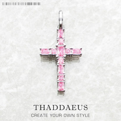 Pendant Cross with Pink Stones Brand New Jewelry 925 Sterling Silver Europe Accessories Romantic Gift For Women