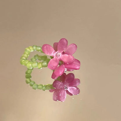 Violet Flower Acrylic Ring New Korean Style White Lily Index Finger Ring Elastic Beaded Unique Creativity Fold Women Jewelry