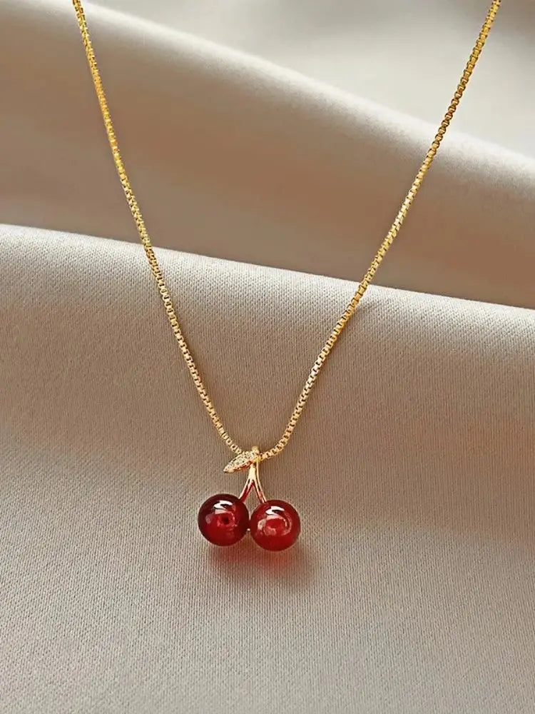 Little Wine Red Cherry Pendant Necklaces For Women Fashion Personality Fruit Golden Chain Necklace Party Jewelry Birthday Gifts