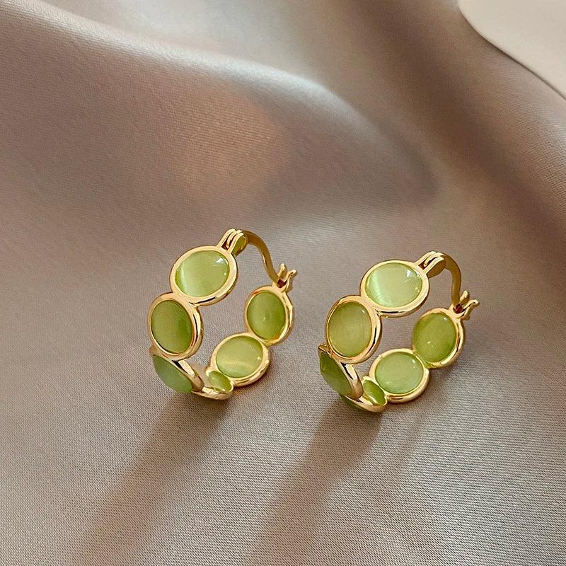 Sweet Girls' Pink Round Opals Hoop Earrings 2025 New Design Jewelry Luxury Accessories Suitable for Women's Daily Wear Earrings