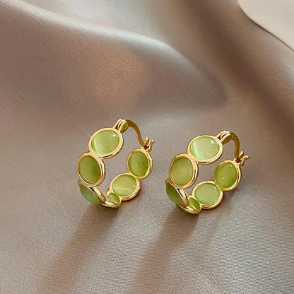 Sweet Girls' Pink Round Opals Hoop Earrings 2025 New Design Jewelry Luxury Accessories Suitable for Women's Daily Wear Earrings