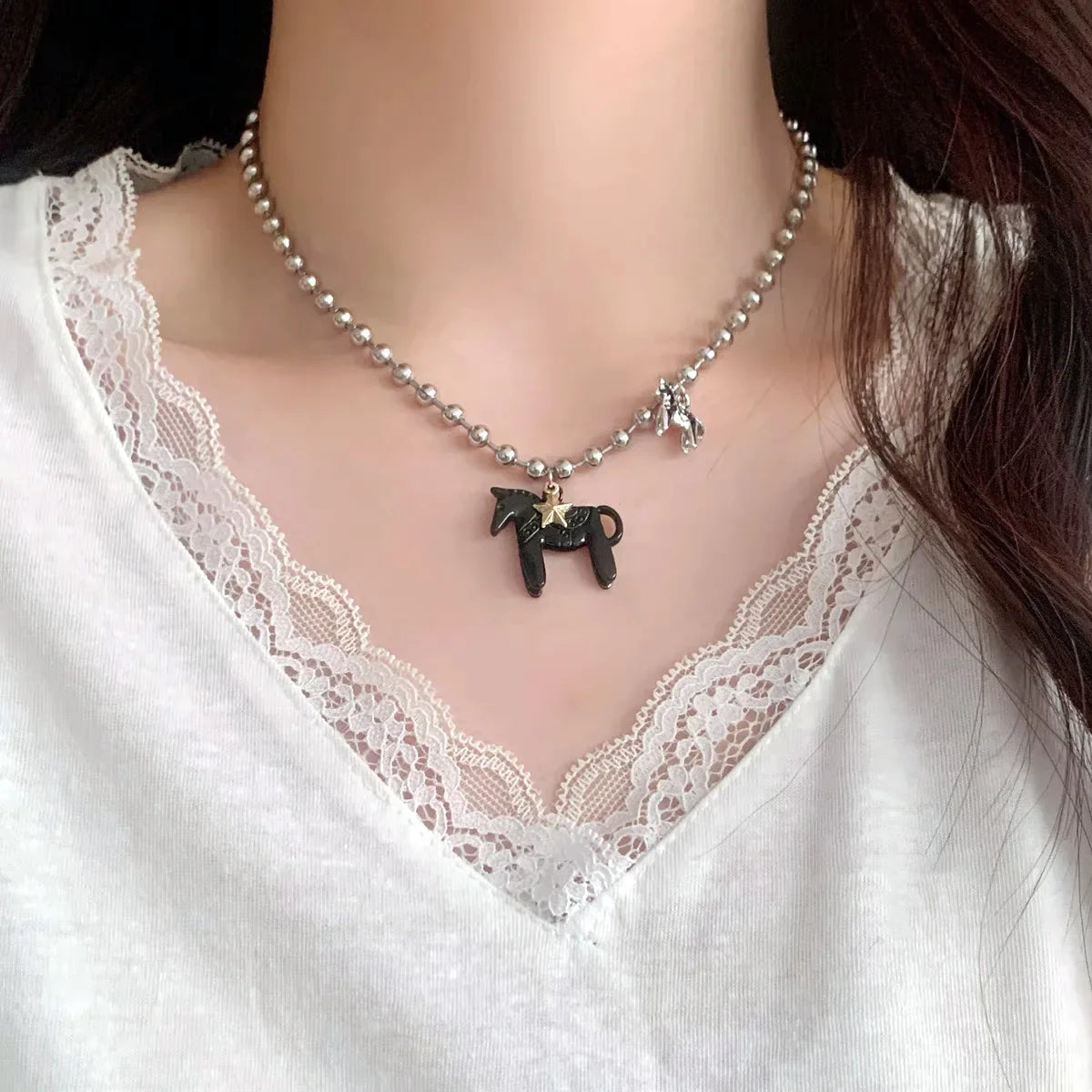 LATS Funny Cute White Black Pink Color Enamel Colt Horse Pendant Necklaces for Women Alloy Beads Chain Chokers Fashion Jewelry