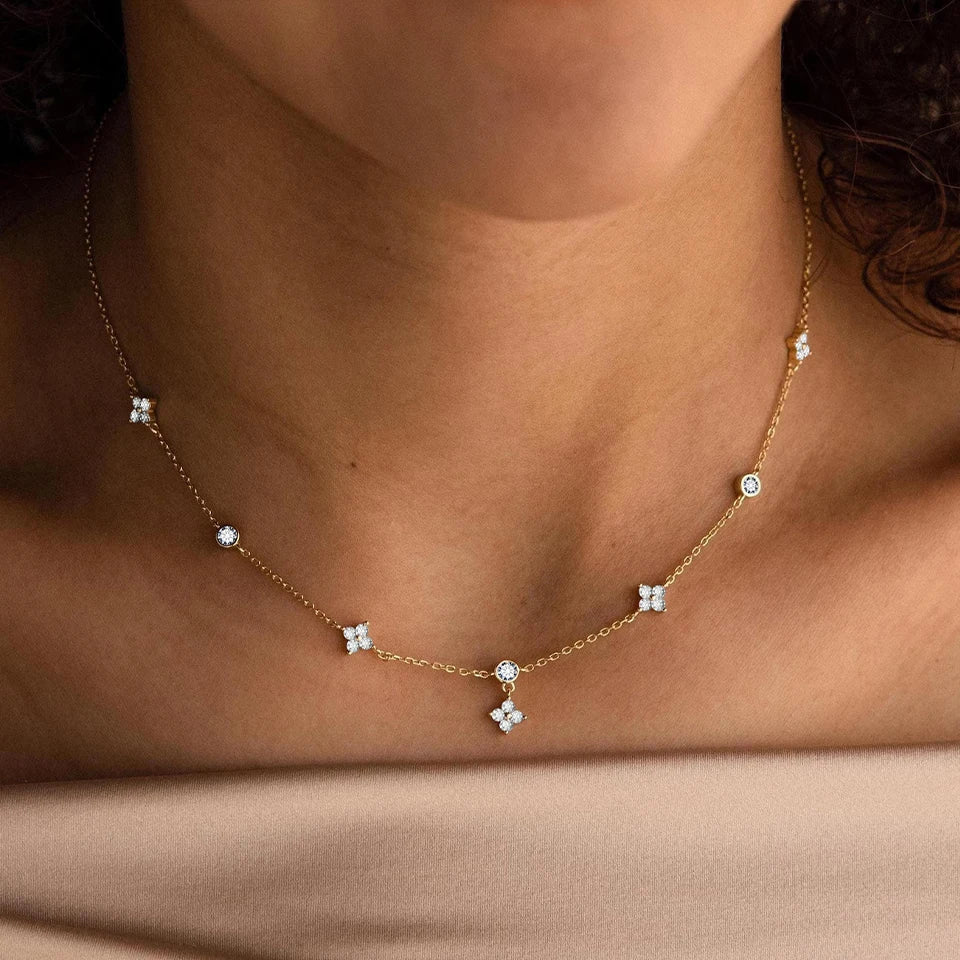 eMancoStainless Steel  Plated 14K Gold Sparkling Zircon Flower Necklace for Women Girl Exquisite Party Jewelry Gifts