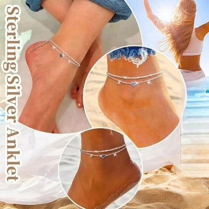 Anklet Bracelets for Women Waterproof, 925 Sliver Plated CZ Heart Layer Anklets for Women Anklet Gifts for Women, Jewelry Gifts