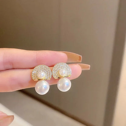 LATS New French Elegant Gold Color Bean Spliced Flat Pearl Earrings for Korean Fashion Jewelry Party Women's Sweet Accessories