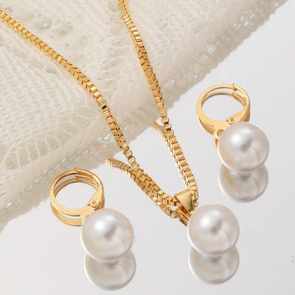 LATS 3 Pcs/Set Round Pearl Pendant Necklace For Women Exquisite Fashion Rhinestone Double  Earring Wedding Jewelry Set Gift