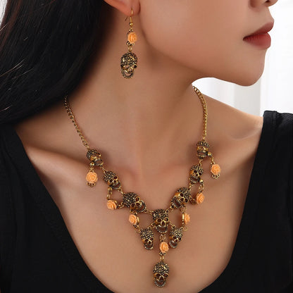 Halloween Jewelry Sets Vintage Goth Punk Pirate Skeleton Skull Statement Necklace And Earrings For Men Women Party Accessories