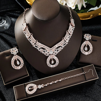 5-piece bridal jewelry set for women, exaggerated retro luxury crystal necklace, earrings and headdress set