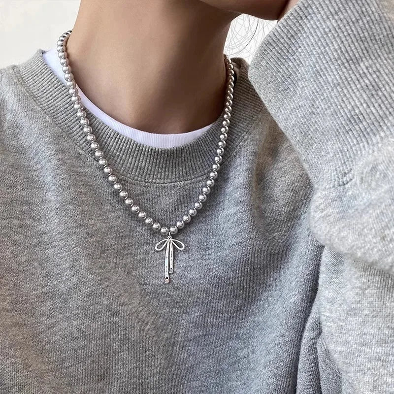 LATS Gray Pearls Bowknot Pendant Necklace for Women Girls Graceful Butterfly Choker Chain Jewelry Gift Accessories