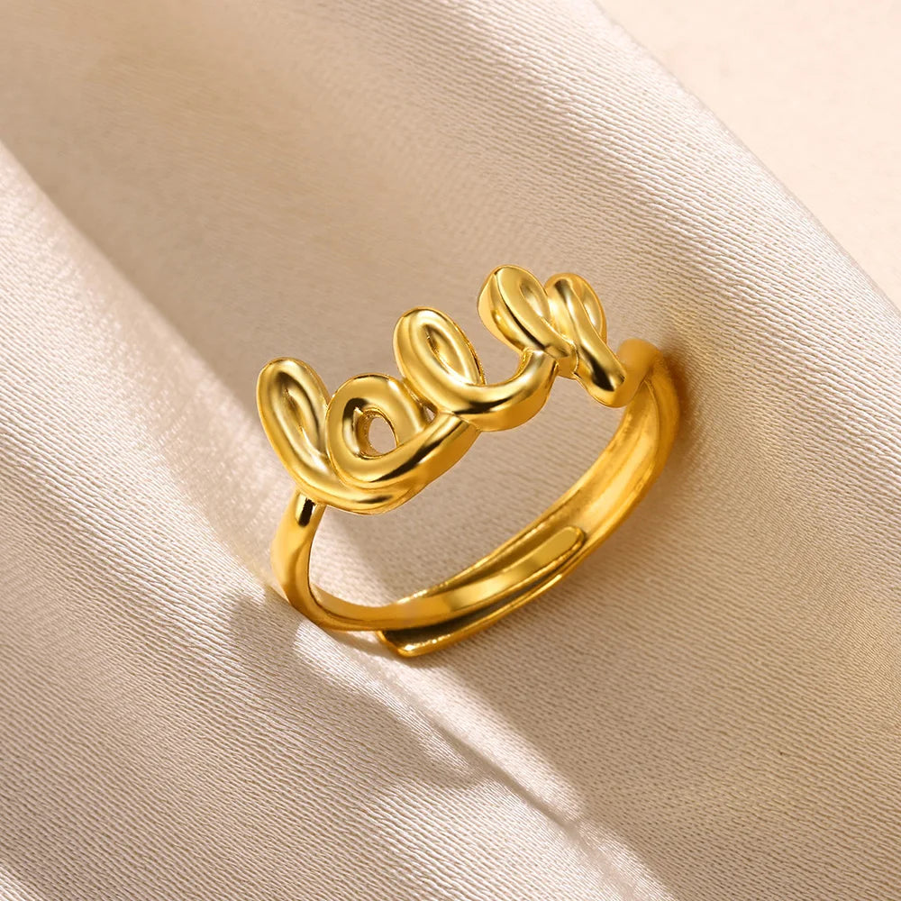 Stainless Steel Rings for Women Gold Color Couple Jewelry Aesthetic Accessorie Adjustable Punk Embossed Hollow Ring