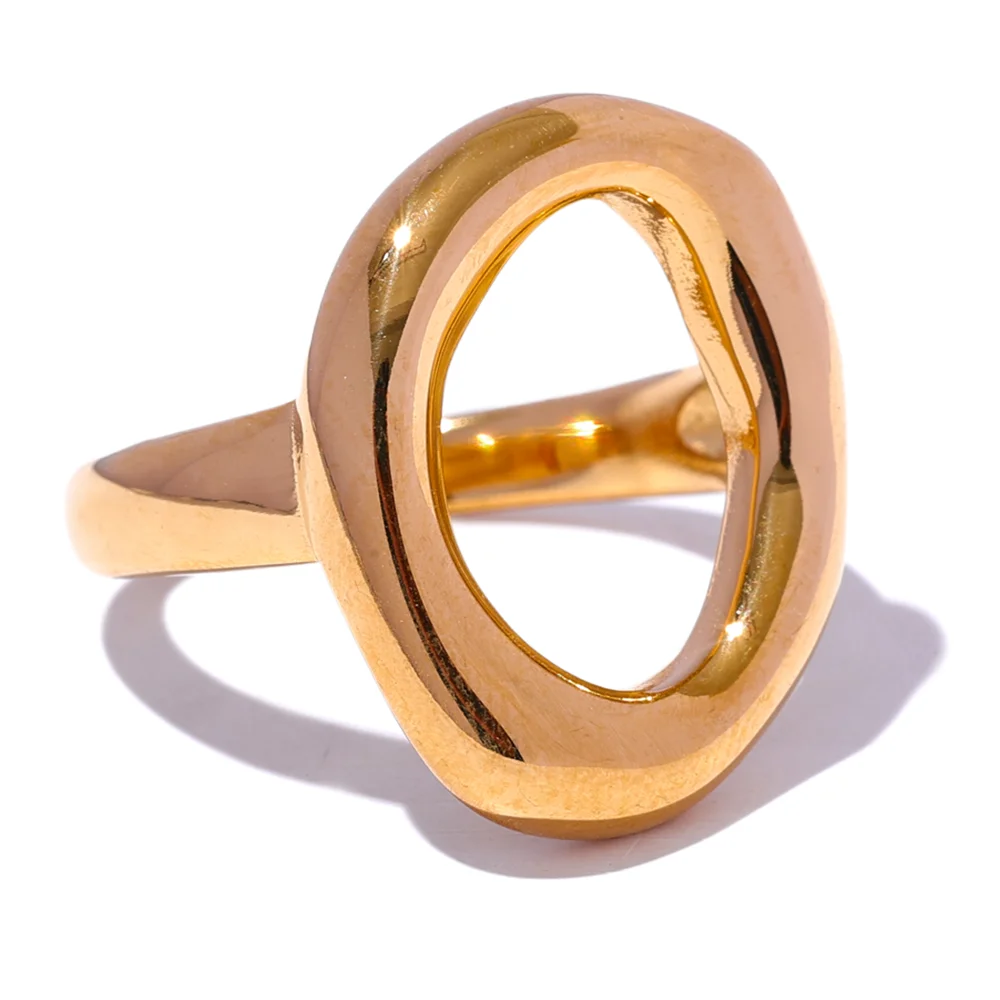 Yhpup Creative Stainless Steel Geometric Hollow Golden Minimalist Ring Fashion Waterproof Unusual Trendy Textured Jewelry