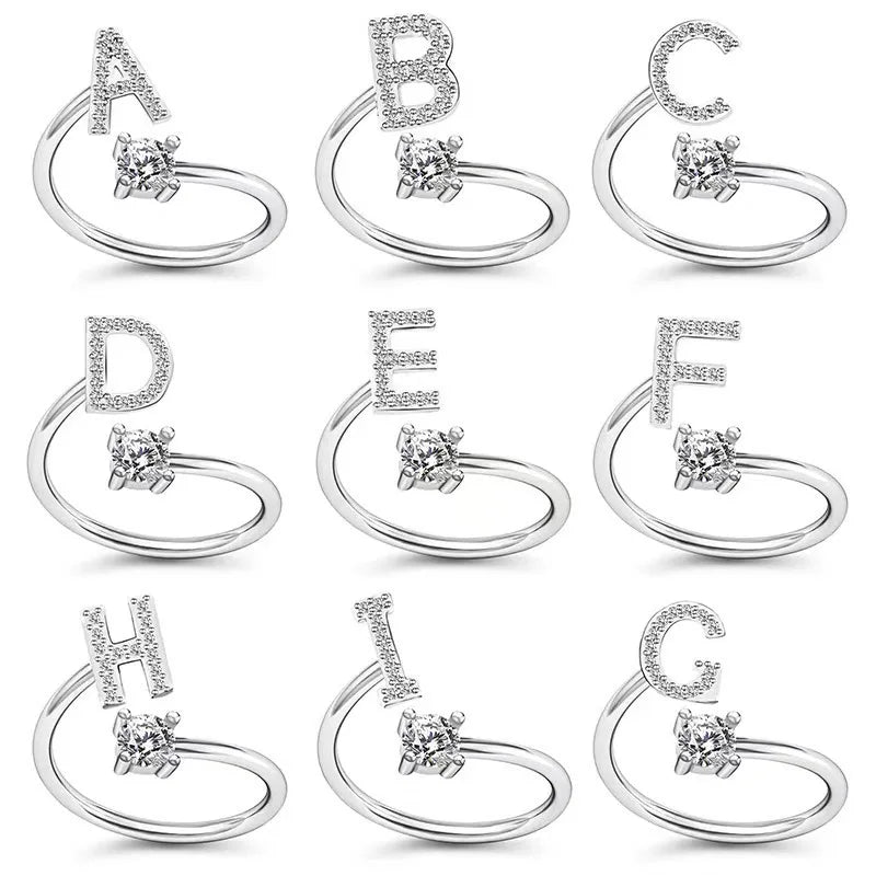 LATS Zircon Initial A-Z Letter Rings for Women Girl Adjustable Opening Ring Name Alphabet Female Wedding Fashion Jewelry Gift