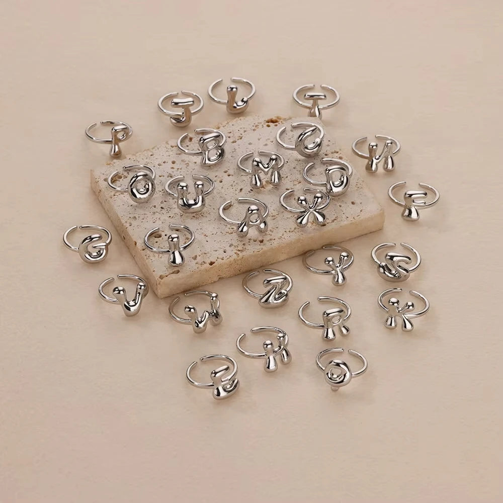 Gold Color Cute Bubble Letters Rings For Women Stainless Steel A-Z Alphabet Opening Ring Wedding Party Christmas Jewelry
