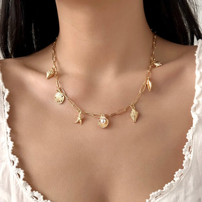 Fashion Gold Color Starfish Conch Turtle Pendant Necklace for Women Handmade Shell Chain Necklace Summer Beach Party Jewelry