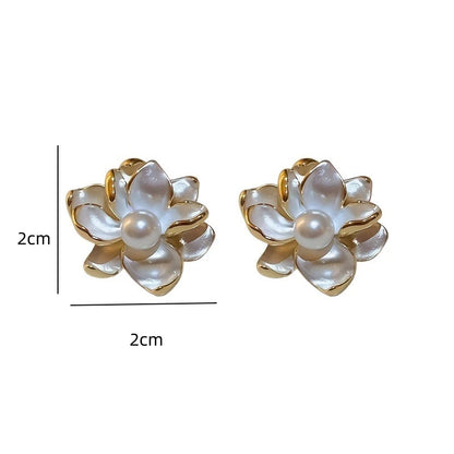 White Enamel Multi-layers Petals Women's Stud Earrings Small Flower Pearl in Middle Design Unusual Earrings Party Ear Jewelry